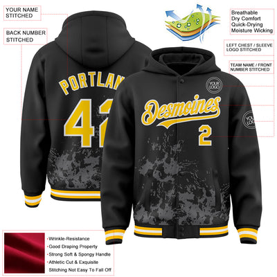 Custom Black Yellow Steel Gray-White Splash Art 3D Pattern Design Bomber Full-Snap Varsity Letterman Hoodie Jacket
