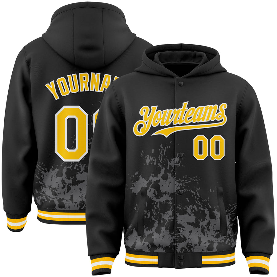 Custom Black Yellow Steel Gray-White Splash Art 3D Pattern Design Bomber Full-Snap Varsity Letterman Hoodie Jacket