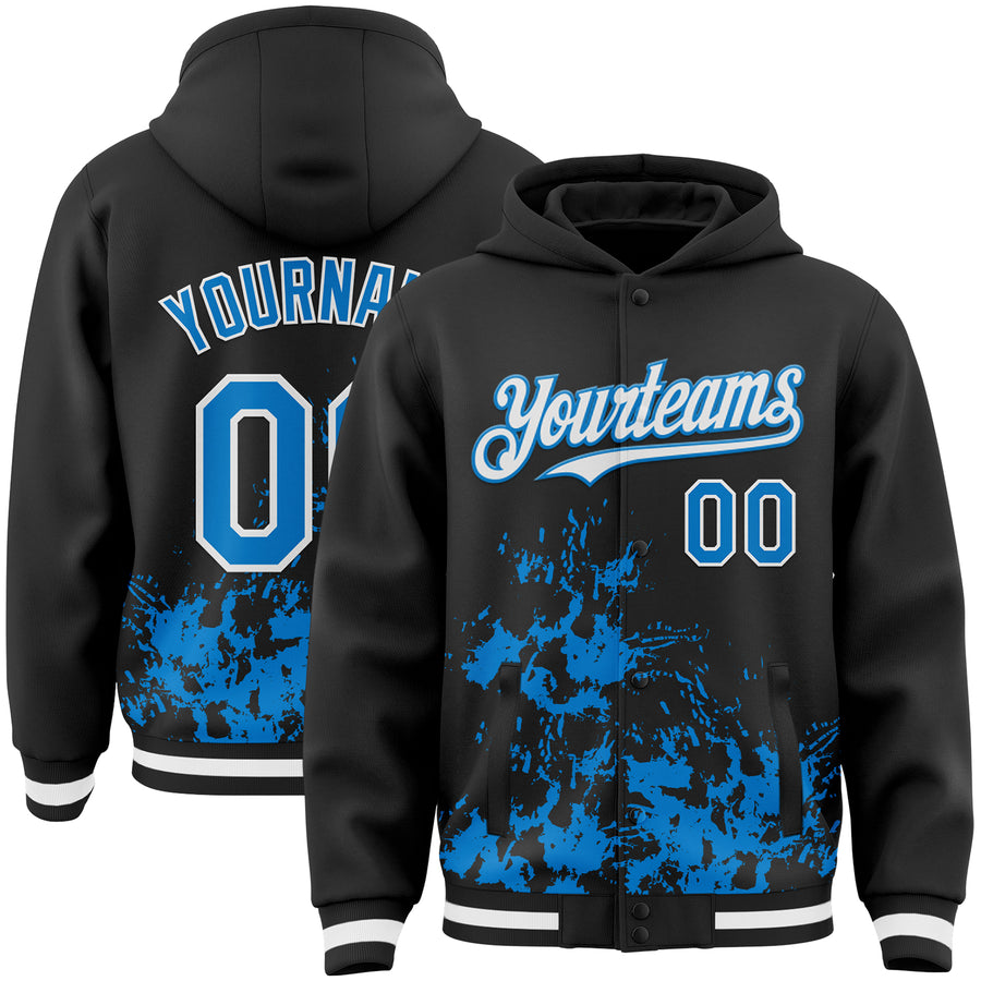 Custom Black Powder Blue-White Splash Art 3D Pattern Design Bomber Full-Snap Varsity Letterman Hoodie Jacket