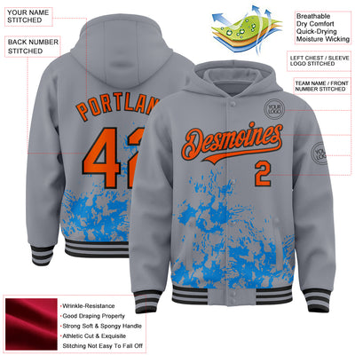 Custom Gray Orange Powder Blue-Black Splash Art 3D Pattern Design Bomber Full-Snap Varsity Letterman Hoodie Jacket