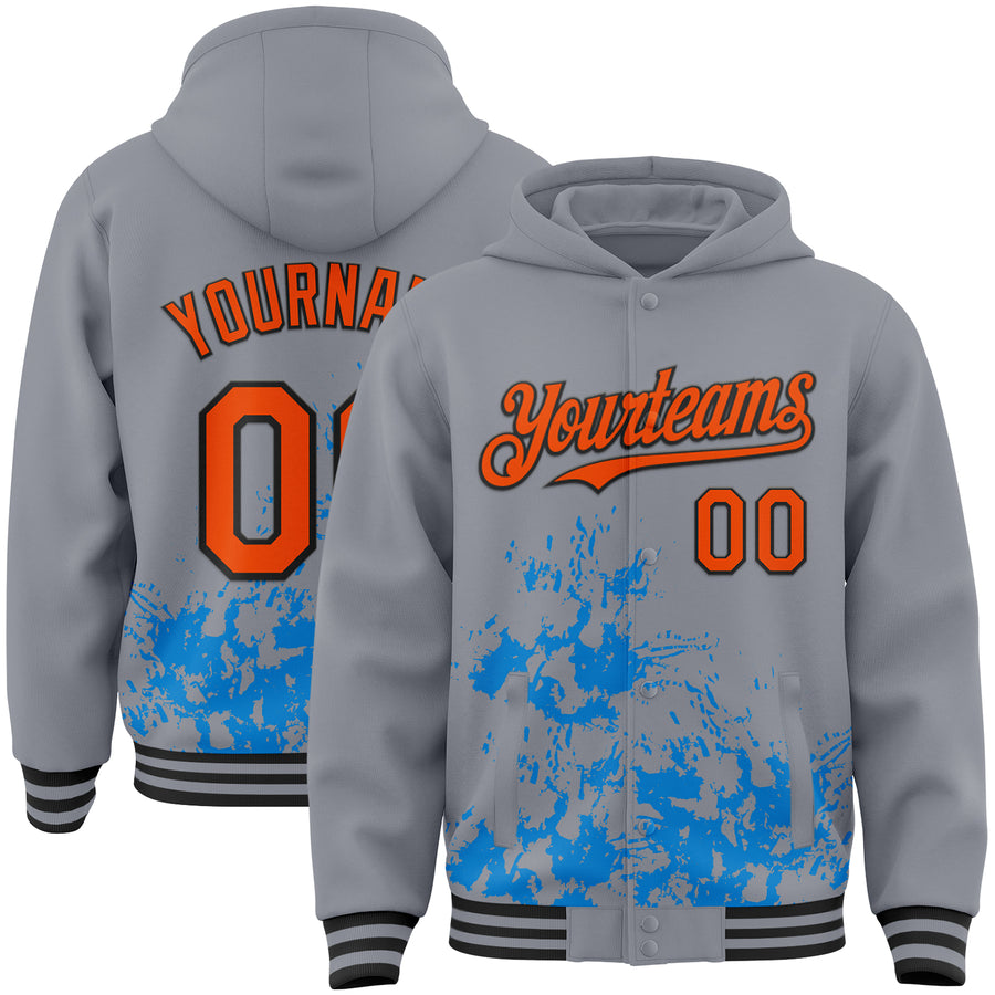 Custom Gray Orange Powder Blue-Black Splash Art 3D Pattern Design Bomber Full-Snap Varsity Letterman Hoodie Jacket