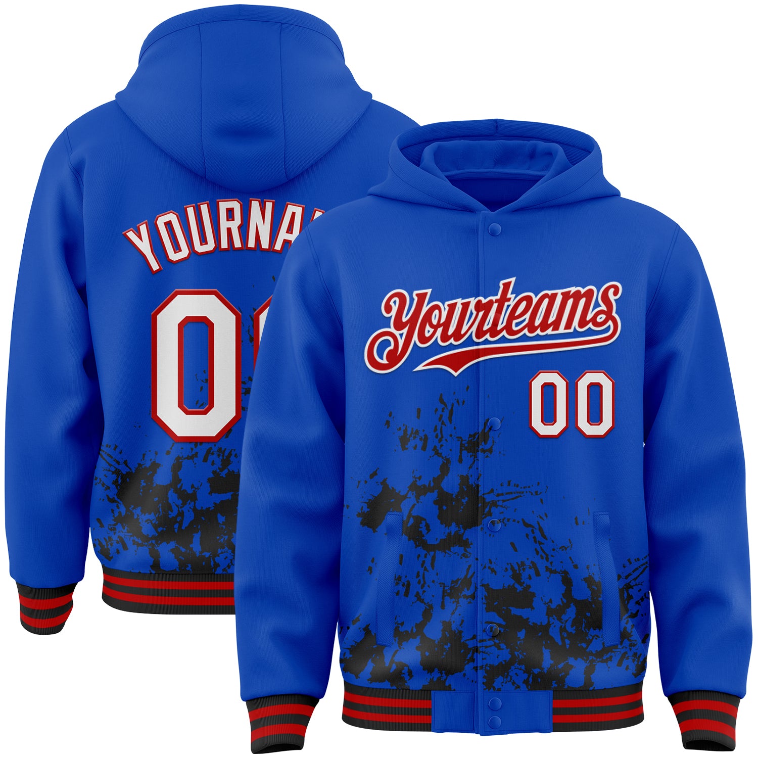 Custom Thunder Blue White Black-Red Splash Art 3D Pattern Design Bomber Full-Snap Varsity Letterman Hoodie Jacket