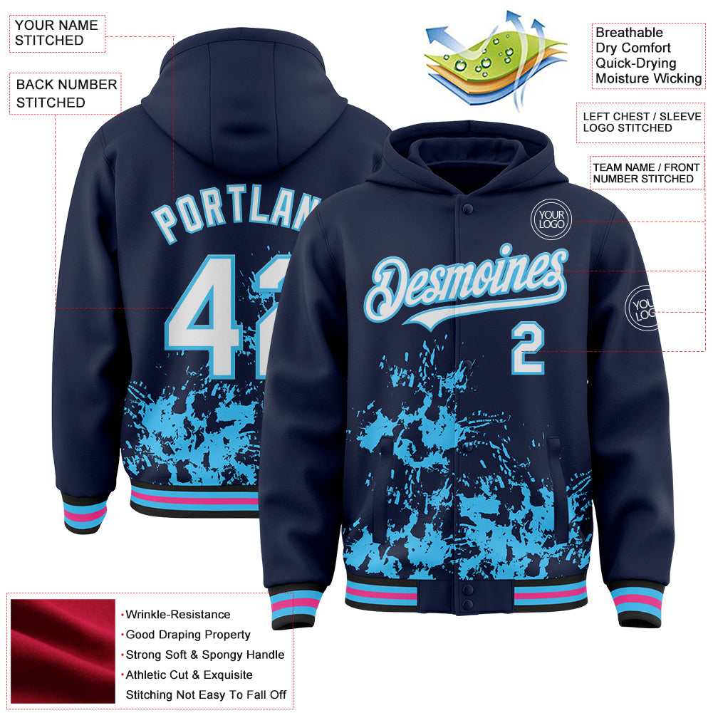 Custom Navy White Sky Blue Black-Pink Splash Art 3D Pattern Design Bomber Full-Snap Varsity Letterman Hoodie Jacket