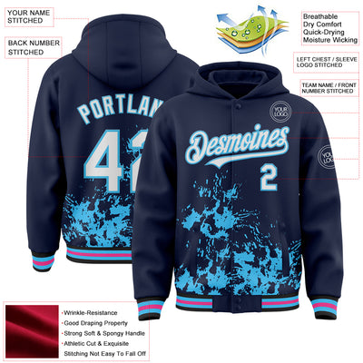 Custom Navy White Sky Blue Black-Pink Splash Art 3D Pattern Design Bomber Full-Snap Varsity Letterman Hoodie Jacket