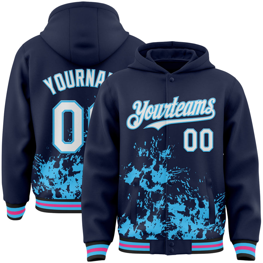 Custom Navy White Sky Blue Black-Pink Splash Art 3D Pattern Design Bomber Full-Snap Varsity Letterman Hoodie Jacket