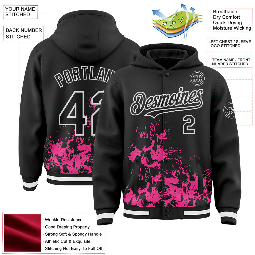 Custom Black Pink-White Splash Art 3D Pattern Design Bomber Full-Snap Varsity Letterman Hoodie Jacket