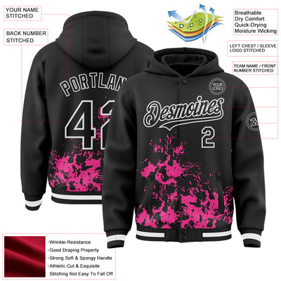 Custom Black Pink-White Splash Art 3D Pattern Design Bomber Full-Snap Varsity Letterman Hoodie Jacket