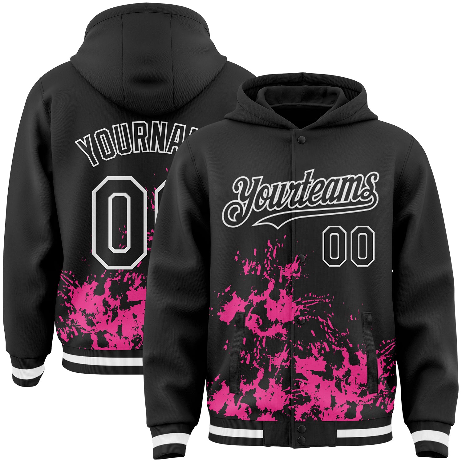 Custom Black Pink-White Splash Art 3D Pattern Design Bomber Full-Snap Varsity Letterman Hoodie Jacket