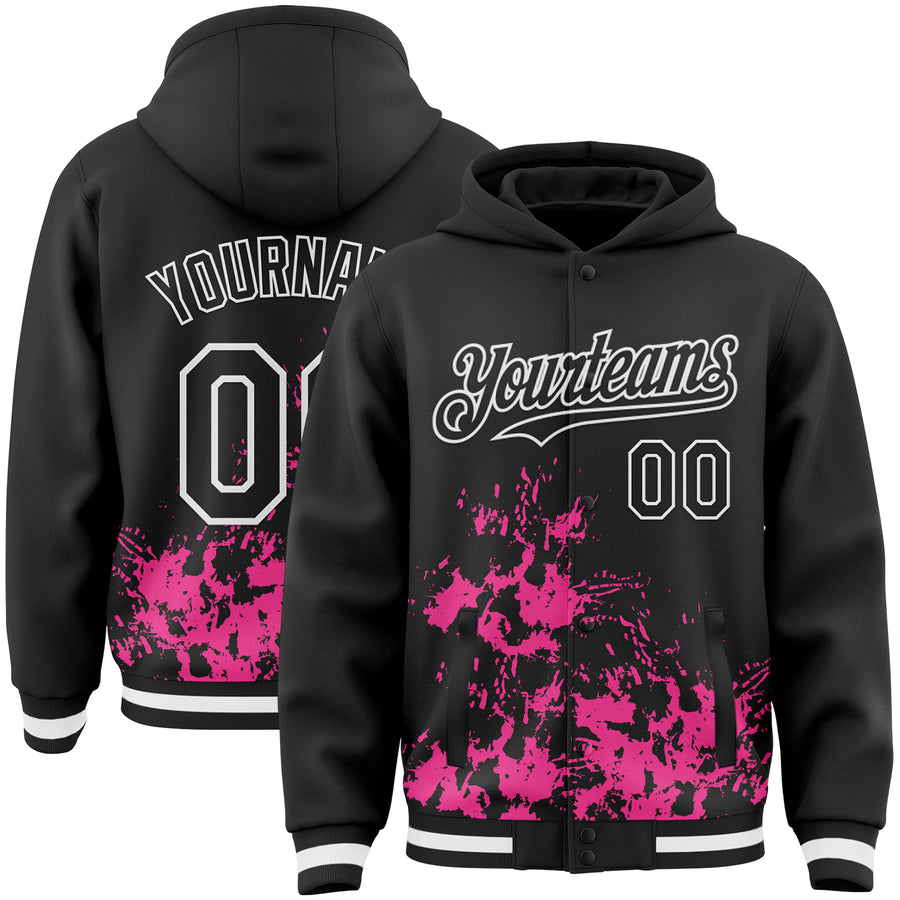 Custom Black Pink-White Splash Art 3D Pattern Design Bomber Full-Snap Varsity Letterman Hoodie Jacket