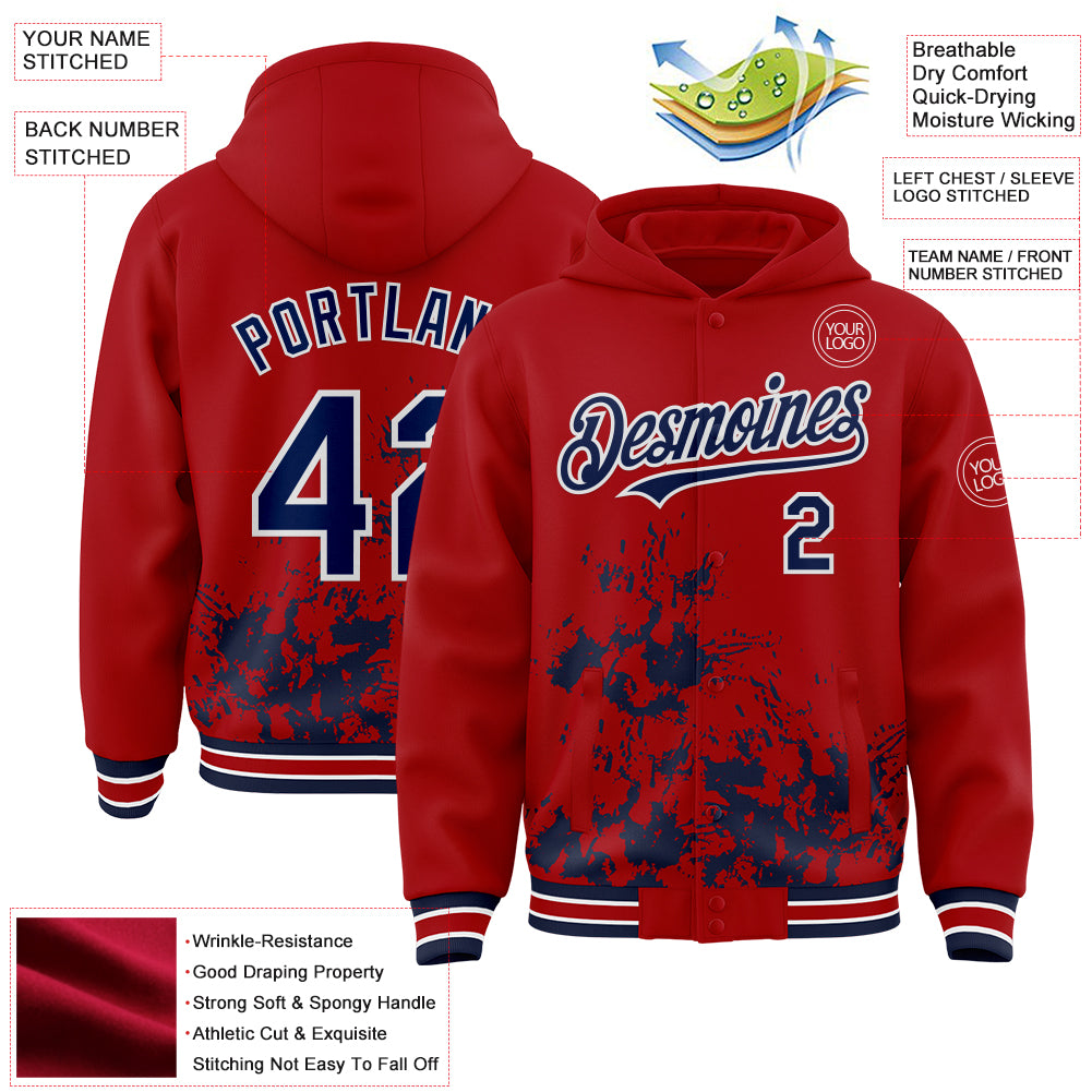 Custom Red Navy-White Splash Art 3D Pattern Design Bomber Full-Snap Varsity Letterman Hoodie Jacket