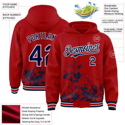 Custom Red Navy-White Splash Art 3D Pattern Design Bomber Full-Snap Varsity Letterman Hoodie Jacket