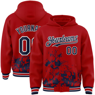 Custom Red Navy-White Splash Art 3D Pattern Design Bomber Full-Snap Varsity Letterman Hoodie Jacket