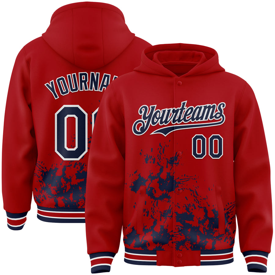 Custom Red Navy-White Splash Art 3D Pattern Design Bomber Full-Snap Varsity Letterman Hoodie Jacket