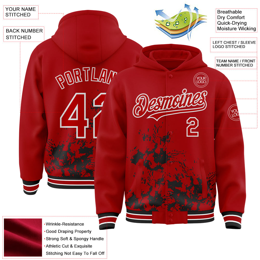 Custom Red Black-White Splash Art 3D Pattern Design Bomber Full-Snap Varsity Letterman Hoodie Jacket