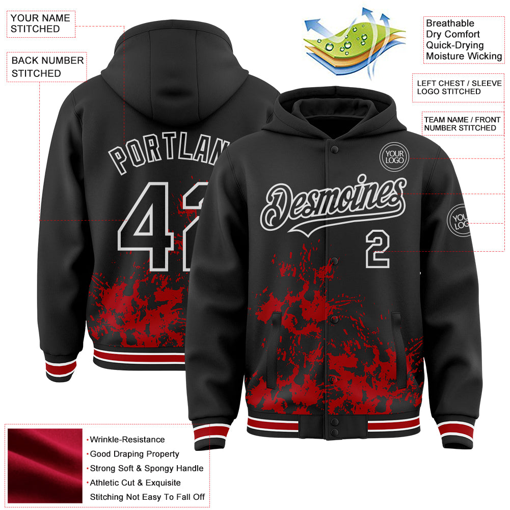 Custom Black Red-White Splash Art 3D Pattern Design Bomber Full-Snap Varsity Letterman Hoodie Jacket