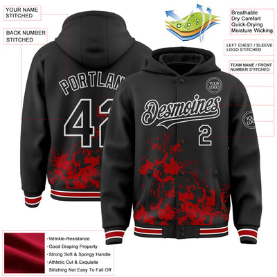 Custom Black Red-White Splash Art 3D Pattern Design Bomber Full-Snap Varsity Letterman Hoodie Jacket