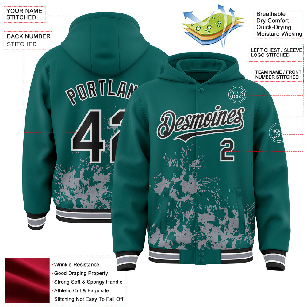 Custom Midnight Green Black Gray-White Splash Art 3D Pattern Design Bomber Full-Snap Varsity Letterman Hoodie Jacket