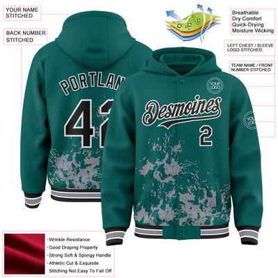 Custom Midnight Green Black Gray-White Splash Art 3D Pattern Design Bomber Full-Snap Varsity Letterman Hoodie Jacket