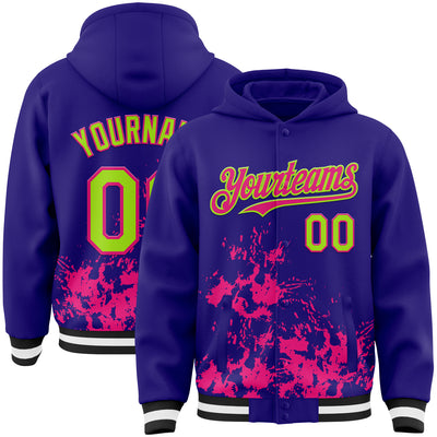 Custom Dark Purple Neon Green Hot Pink Black-White Splash Art 3D Pattern Design Bomber Full-Snap Varsity Letterman Hoodie Jacket