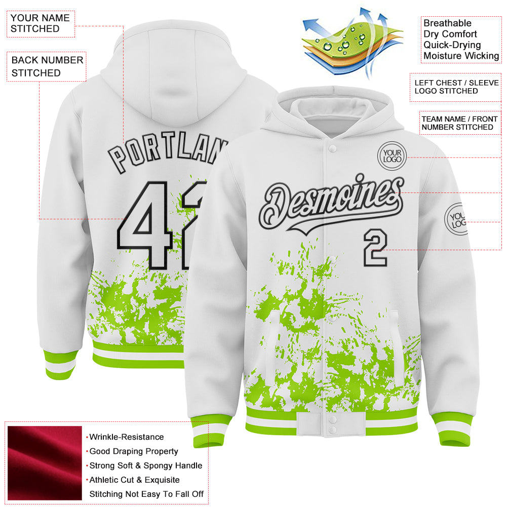 Custom White Neon Green-Black Splash Art 3D Pattern Design Bomber Full-Snap Varsity Letterman Hoodie Jacket