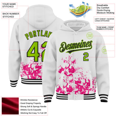Custom White Neon Green Hot Pink-Black Splash Art 3D Pattern Design Bomber Full-Snap Varsity Letterman Hoodie Jacket