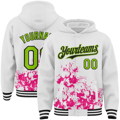 Custom White Neon Green Hot Pink-Black Splash Art 3D Pattern Design Bomber Full-Snap Varsity Letterman Hoodie Jacket