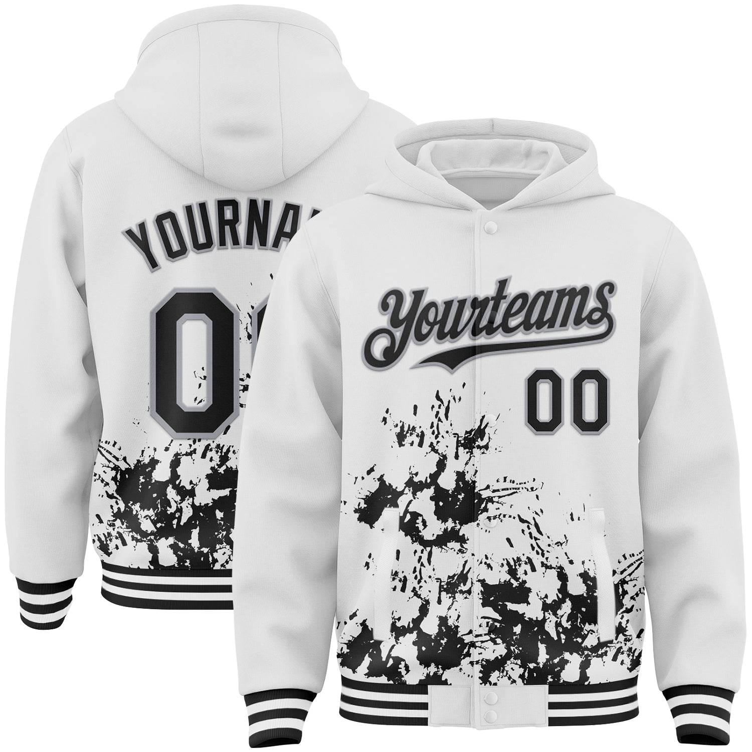 Custom White Black-Gray Splash Art 3D Pattern Design Bomber Full-Snap Varsity Letterman Hoodie Jacket
