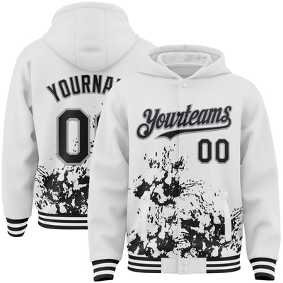 Custom White Black-Gray Splash Art 3D Pattern Design Bomber Full-Snap Varsity Letterman Hoodie Jacket