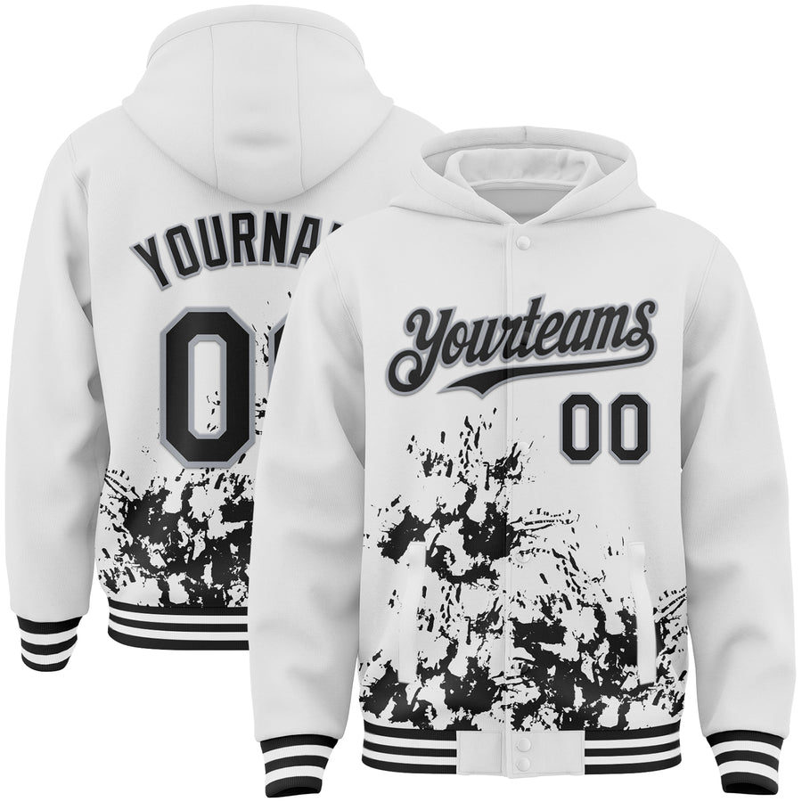 Custom White Black-Gray Splash Art 3D Pattern Design Bomber Full-Snap Varsity Letterman Hoodie Jacket