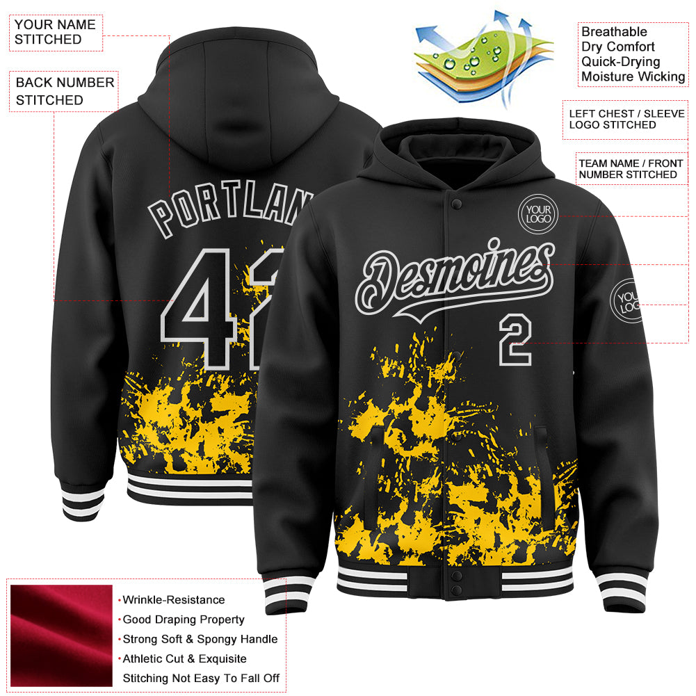 Custom Black Yellow-White Splash Art 3D Pattern Design Bomber Full-Snap Varsity Letterman Hoodie Jacket