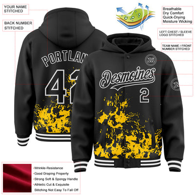 Custom Black Yellow-White Splash Art 3D Pattern Design Bomber Full-Snap Varsity Letterman Hoodie Jacket