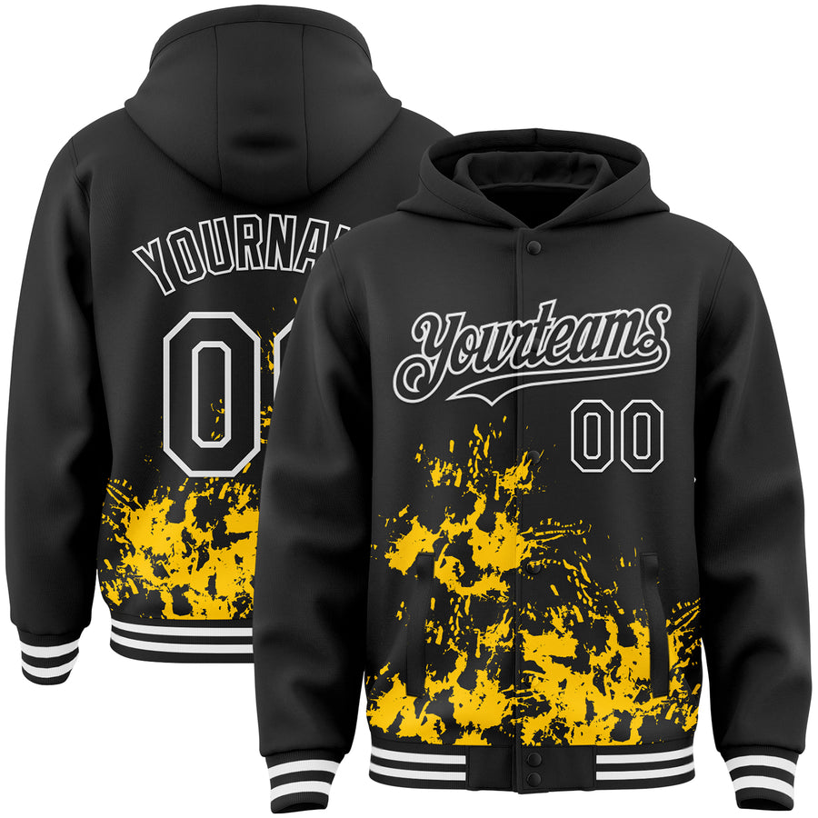 Custom Black Yellow-White Splash Art 3D Pattern Design Bomber Full-Snap Varsity Letterman Hoodie Jacket