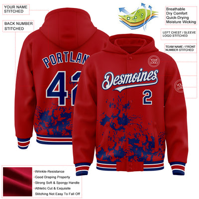 Custom Red Royal-White Splash Art 3D Pattern Design Bomber Full-Snap Varsity Letterman Hoodie Jacket