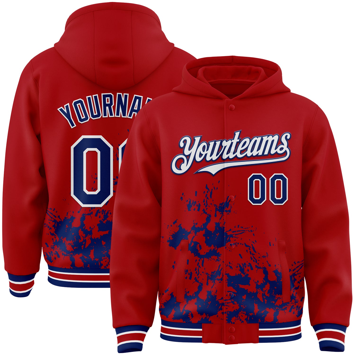 Custom Red Royal-White Splash Art 3D Pattern Design Bomber Full-Snap Varsity Letterman Hoodie Jacket