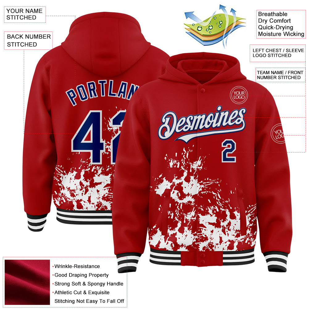 Custom Red Royal Black-White Splash Art 3D Pattern Design Bomber Full-Snap Varsity Letterman Hoodie Jacket