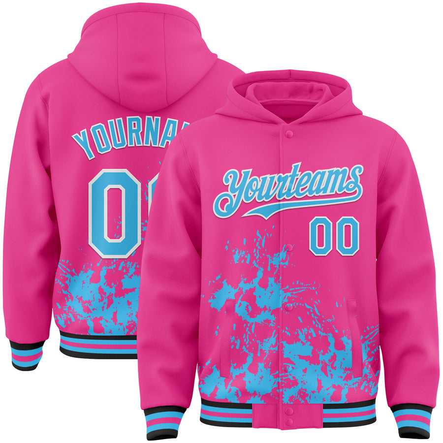 Custom Pink Sky Blue Black-White Splash Art 3D Pattern Design Bomber Full-Snap Varsity Letterman Hoodie Jacket