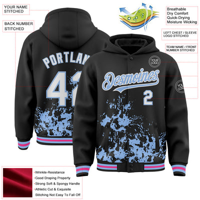 Custom Black White Light Blue-Pink Splash Art 3D Pattern Design Bomber Full-Snap Varsity Letterman Hoodie Jacket