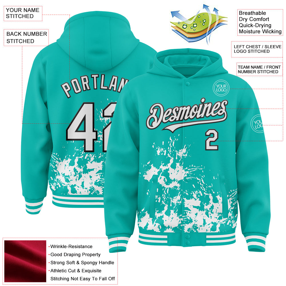 Custom Aqua White-Black Splash Art 3D Pattern Design Bomber Full-Snap Varsity Letterman Hoodie Jacket