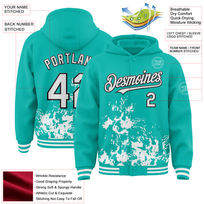 Custom Aqua White-Black Splash Art 3D Pattern Design Bomber Full-Snap Varsity Letterman Hoodie Jacket
