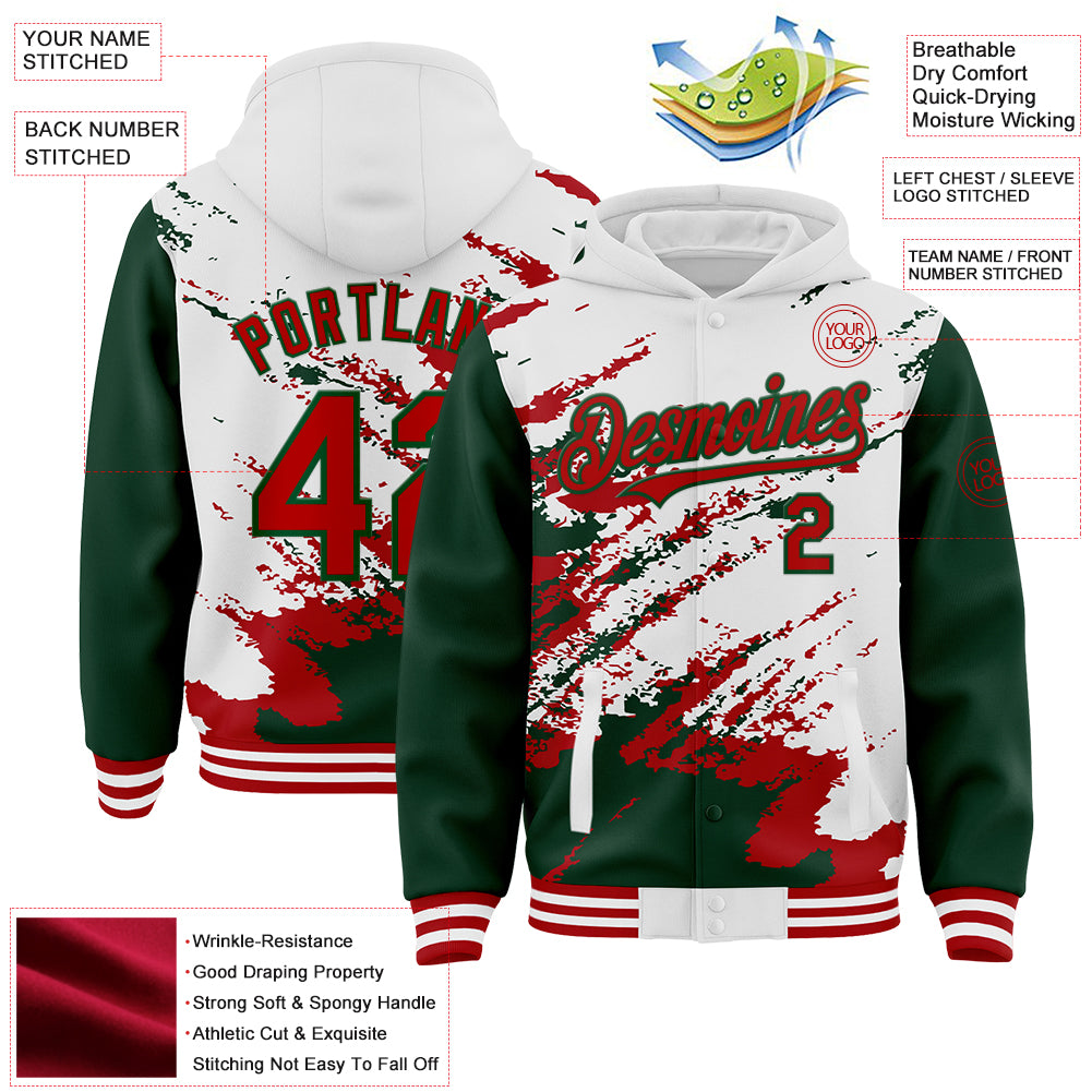 Custom White Red-Green Splash Art 3D Pattern Design Bomber Full-Snap Varsity Letterman Hoodie Jacket