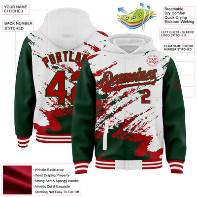 Custom White Red-Green Splash Art 3D Pattern Design Bomber Full-Snap Varsity Letterman Hoodie Jacket