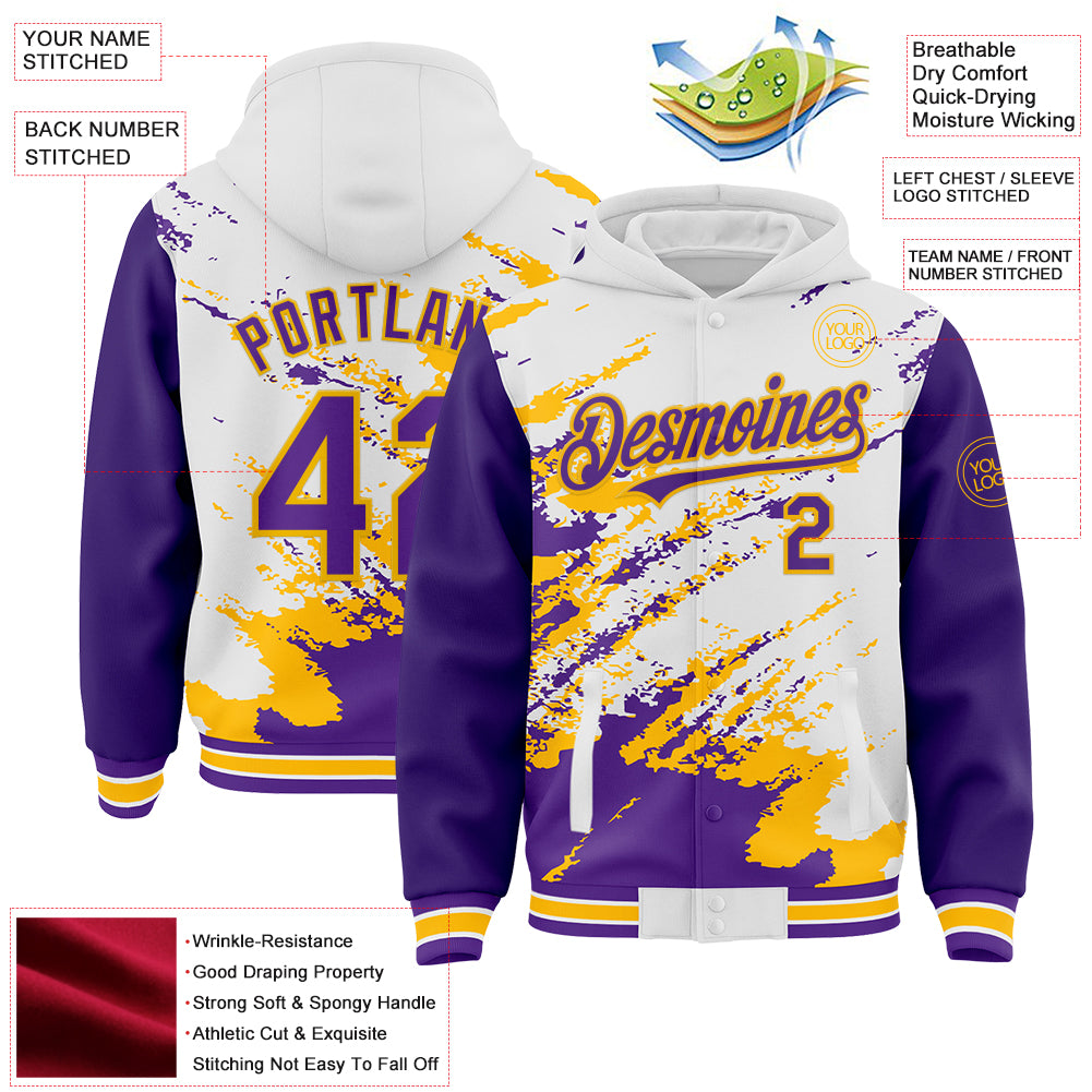 Custom White Purple-Gold Splash Art 3D Pattern Design Bomber Full-Snap Varsity Letterman Hoodie Jacket