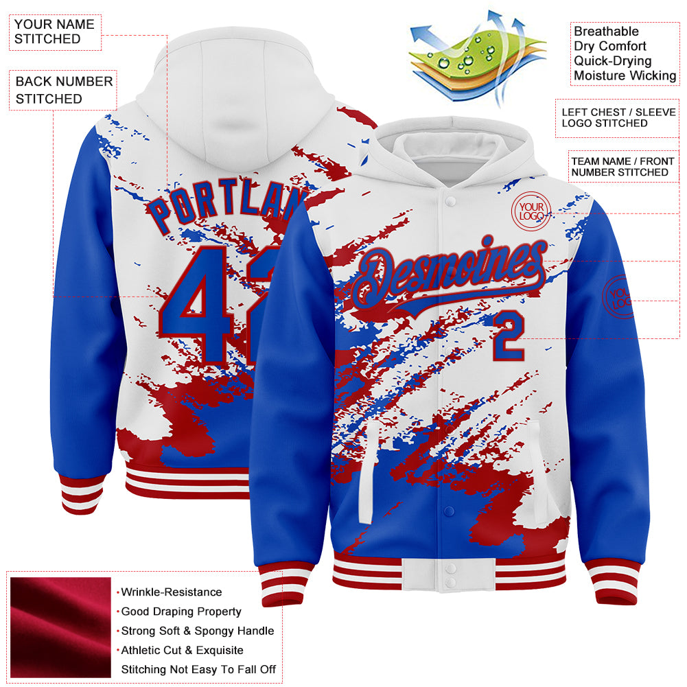 Custom White Thunder Blue-Red Splash Art 3D Pattern Design Bomber Full-Snap Varsity Letterman Hoodie Jacket