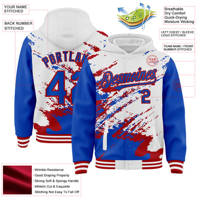 Custom White Thunder Blue-Red Splash Art 3D Pattern Design Bomber Full-Snap Varsity Letterman Hoodie Jacket