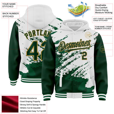 Custom White Green Old Gold Kelly Green Splash Art 3D Pattern Design Bomber Full-Snap Varsity Letterman Hoodie Jacket