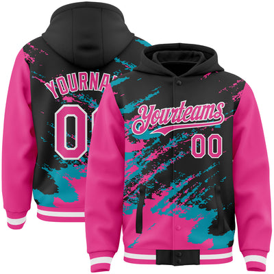 Custom Black Pink Teal-White Splash Art 3D Pattern Design Bomber Full-Snap Varsity Letterman Hoodie Jacket