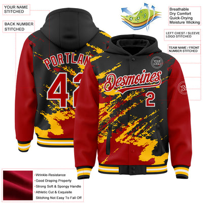 Custom Black Red Gold-White Splash Art 3D Pattern Design Bomber Full-Snap Varsity Letterman Hoodie Jacket