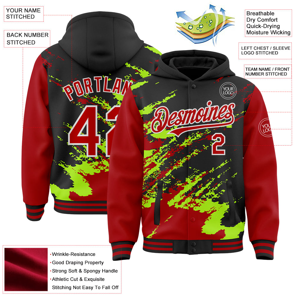 Custom Black Red Neon Green-White Splash Art 3D Pattern Design Bomber Full-Snap Varsity Letterman Hoodie Jacket