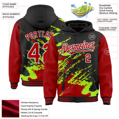 Custom Black Red Neon Green-White Splash Art 3D Pattern Design Bomber Full-Snap Varsity Letterman Hoodie Jacket