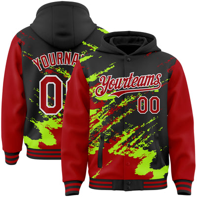 Custom Black Red Neon Green-White Splash Art 3D Pattern Design Bomber Full-Snap Varsity Letterman Hoodie Jacket